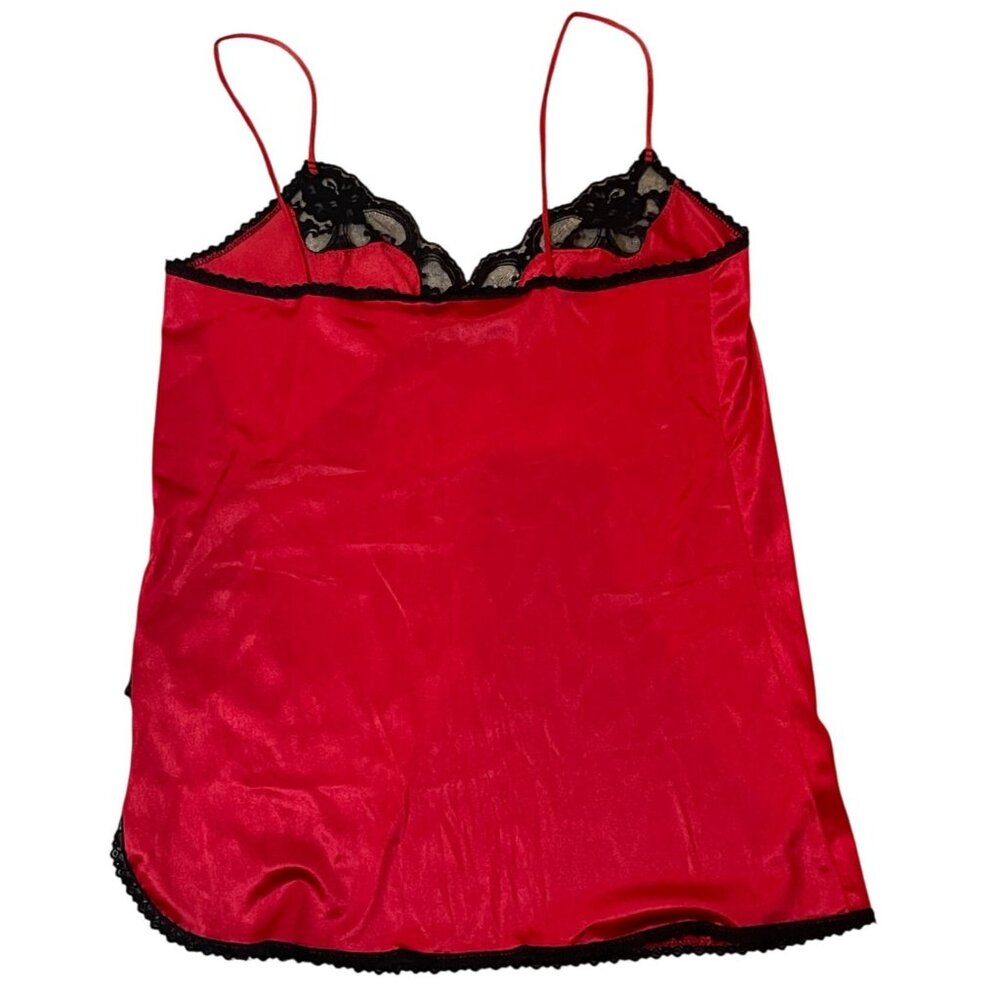 Vintage Red & Black Lace Trim Satin Chemise Nightgown Size Large - Picture 4 of 14